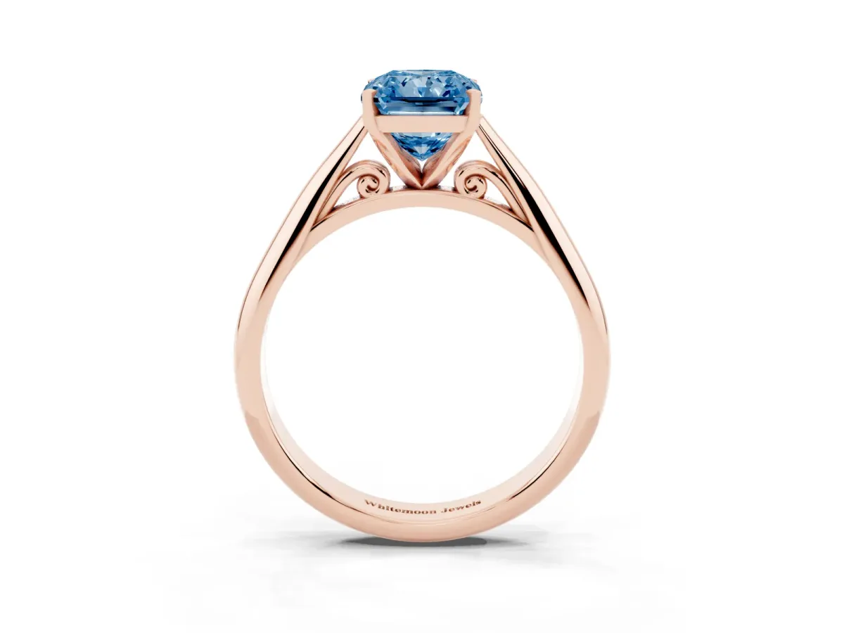 Fancy Blue Radiant Cut Diamond Solitaire Engagement Ring with Cathedral Setting and Four-Prong Mount Rose gold