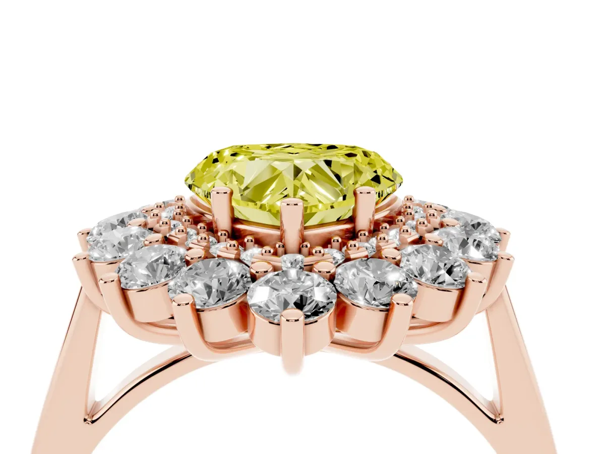 Fancy Yellow Heart Cut Diamond Floral Double Halo Engagement Ring with Prong Setting Rose gold