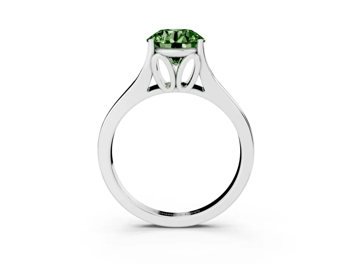 Fancy Green Round Cut Solitaire Diamond Ring with Cathedral Band and Four-Prong Setting Silver