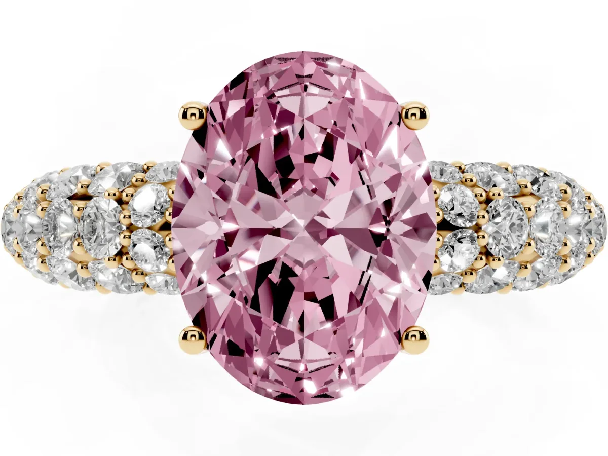Fancy Pink Oval Cut Diamond Pavé Band Solitaire Ring with Four-Prong Setting Yellow gold