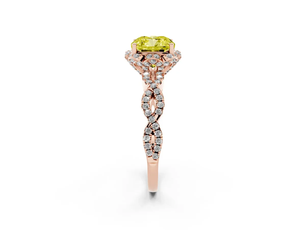 Fancy Yellow Cushion Cut Halo Twist Band Solitaire Ring with Six-Prong Setting Rose gold