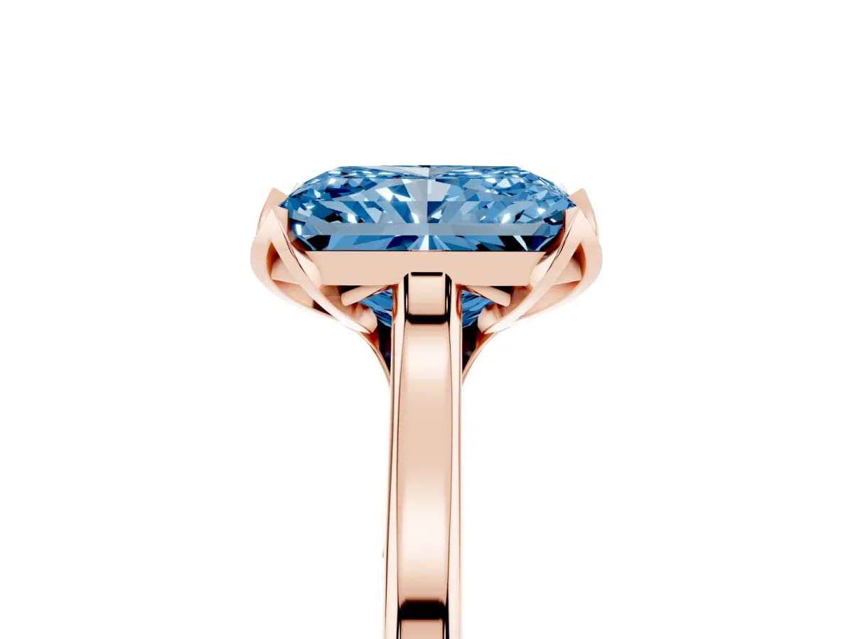 Fancy Blue Radiant Cut Diamond Solitaire Ring with Flower Prong Setting and Classic Band Rose gold