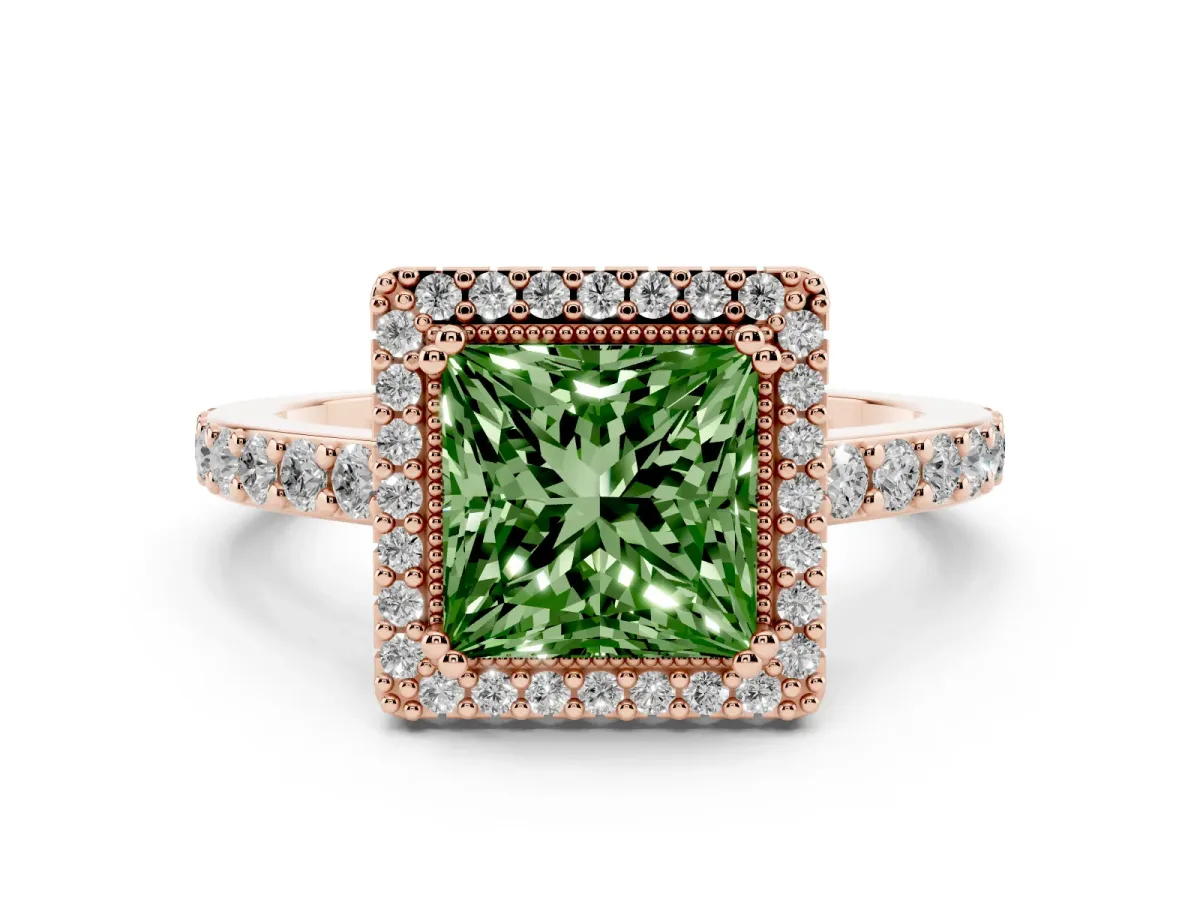 Fancy Green Princess Cut Cut Diamond Halo Engagement Ring with Milgrain Detail and Pavé Band Rose gold