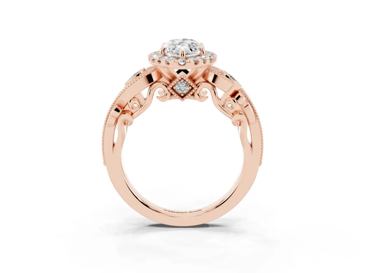 Marquise Cut Diamond Halo Ring with Milgrain Pavé Band and Four-Prong Setting Rose gold