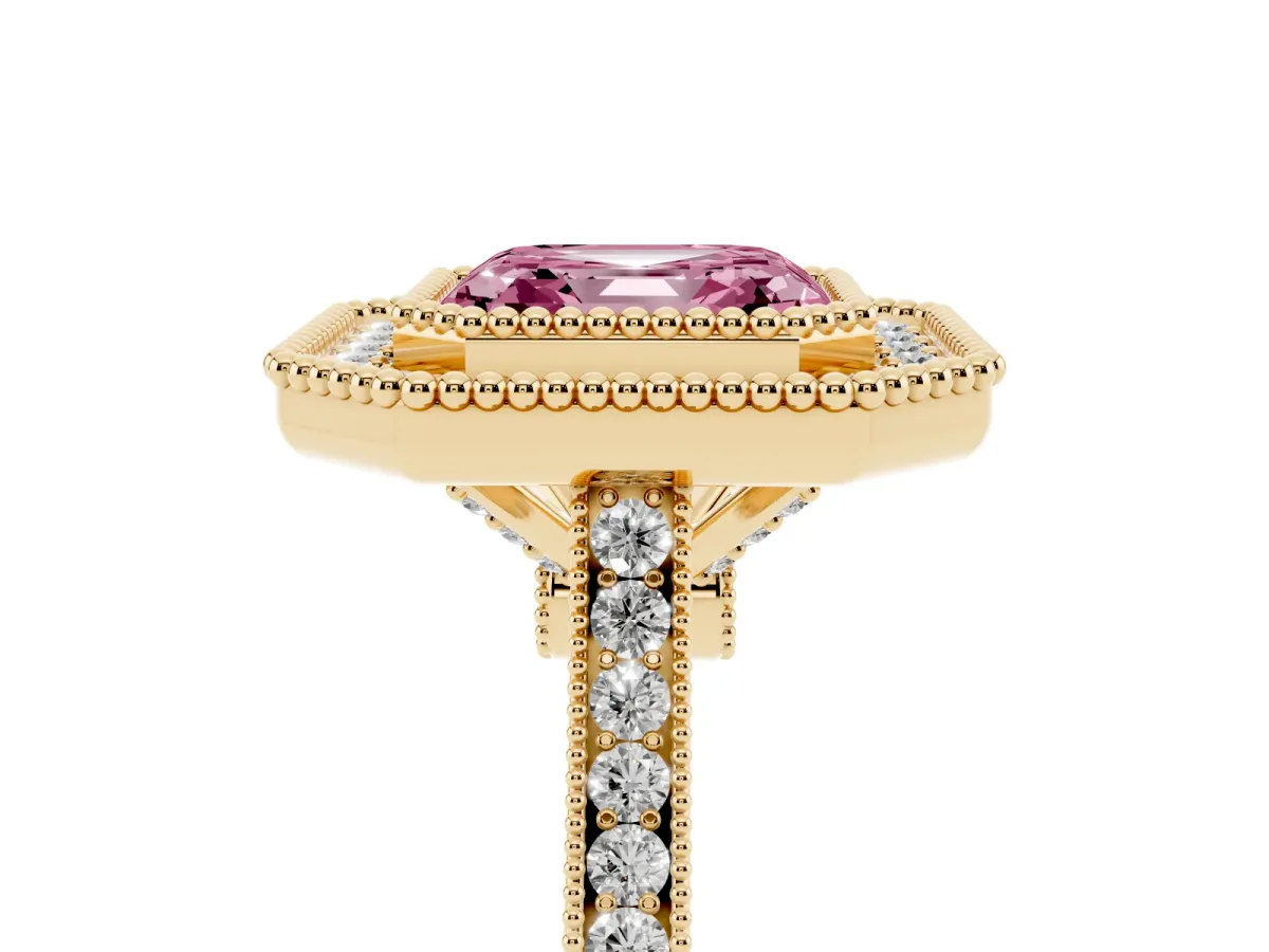 Fancy Pink Asscher Cut Diamond Halo Ring with Milgrain Frame and Pavé Band Yellow gold
