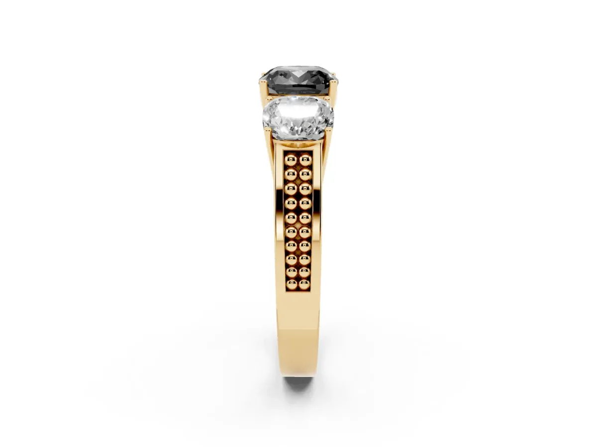 Fancy Black Cushion Cut Diamond Three-Stone Ring with Prong Setting and Textured Band Yellow gold