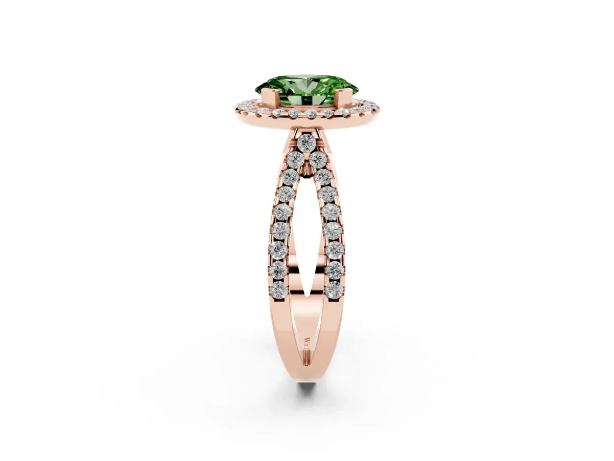 Fancy Green Oval Cut Diamond Halo Ring with Split Shank Pavé Band and Prong Setting Rose gold