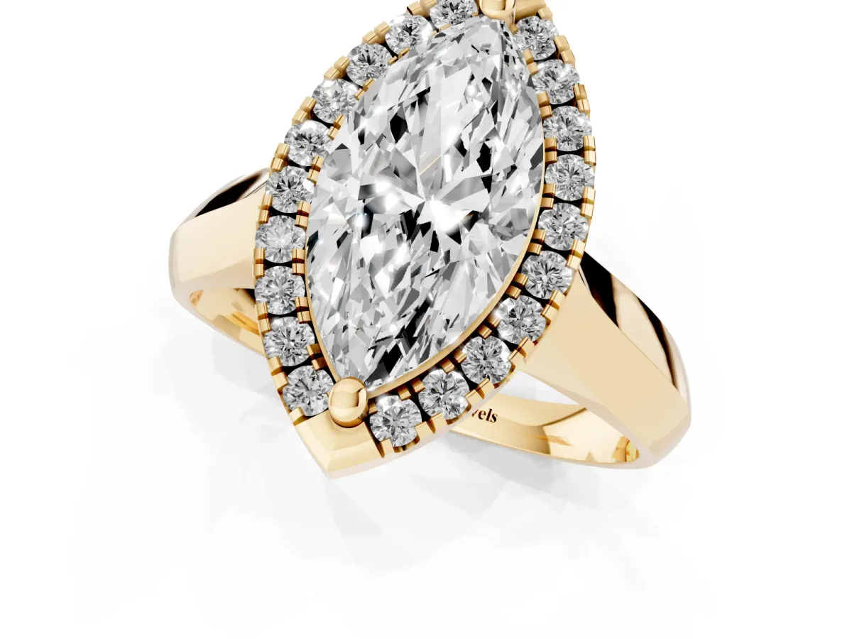Marquise Cut Cut Halo Solitaire Engagement Ring with Square Band and Four-Prong Setting Yellow gold