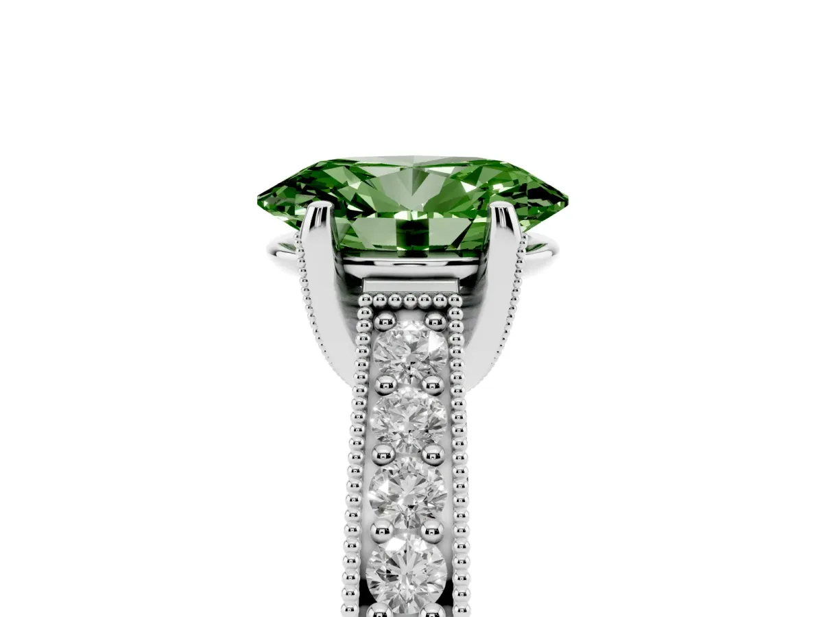 Fancy Green Oval Cut Cut Diamond Solitaire Ring with Milgrain Pave Band and Four Prong Setting Silver