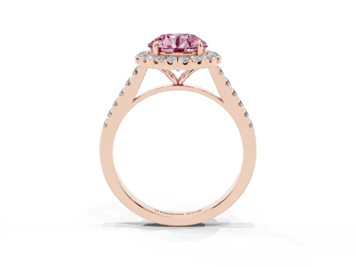 Fancy Pink Round Cut Halo Pave Diamond Engagement Ring with Four-Prong Setting Rose gold