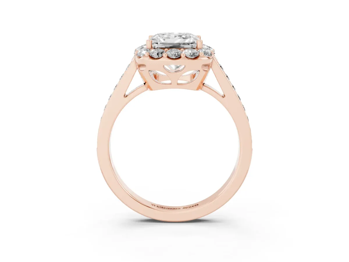 Princess Cut Diamond Floral Halo Ring with Pavé Band and Prong Setting Rose gold