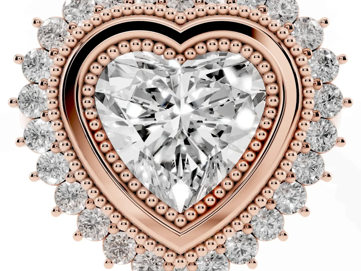 Heart Cut Halo Diamond Ring with Milgrain Edge and Round Prong Setting Rose gold