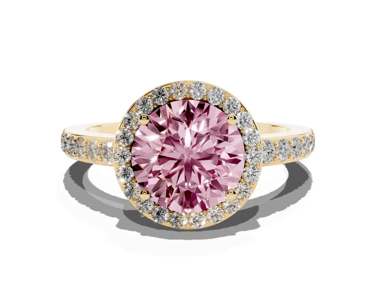 Fancy Pink Round Cut Halo Diamond Pavé Band Ring with Prong Setting Yellow gold