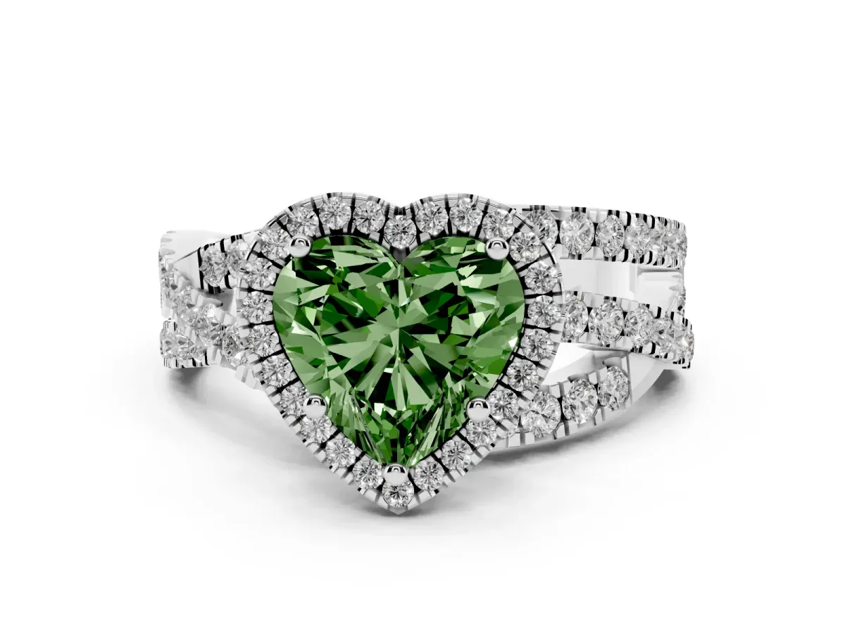 Fancy Green Heart Cut Diamond Halo Ring with Round Split Shank and Prong Setting Silver