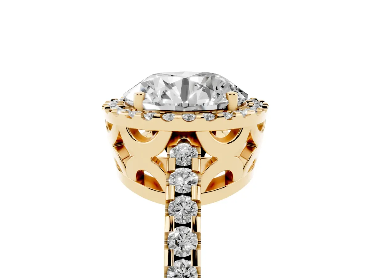 Round Cut Diamond Halo Engagement Ring with Pavé Band and Prong Setting Yellow gold