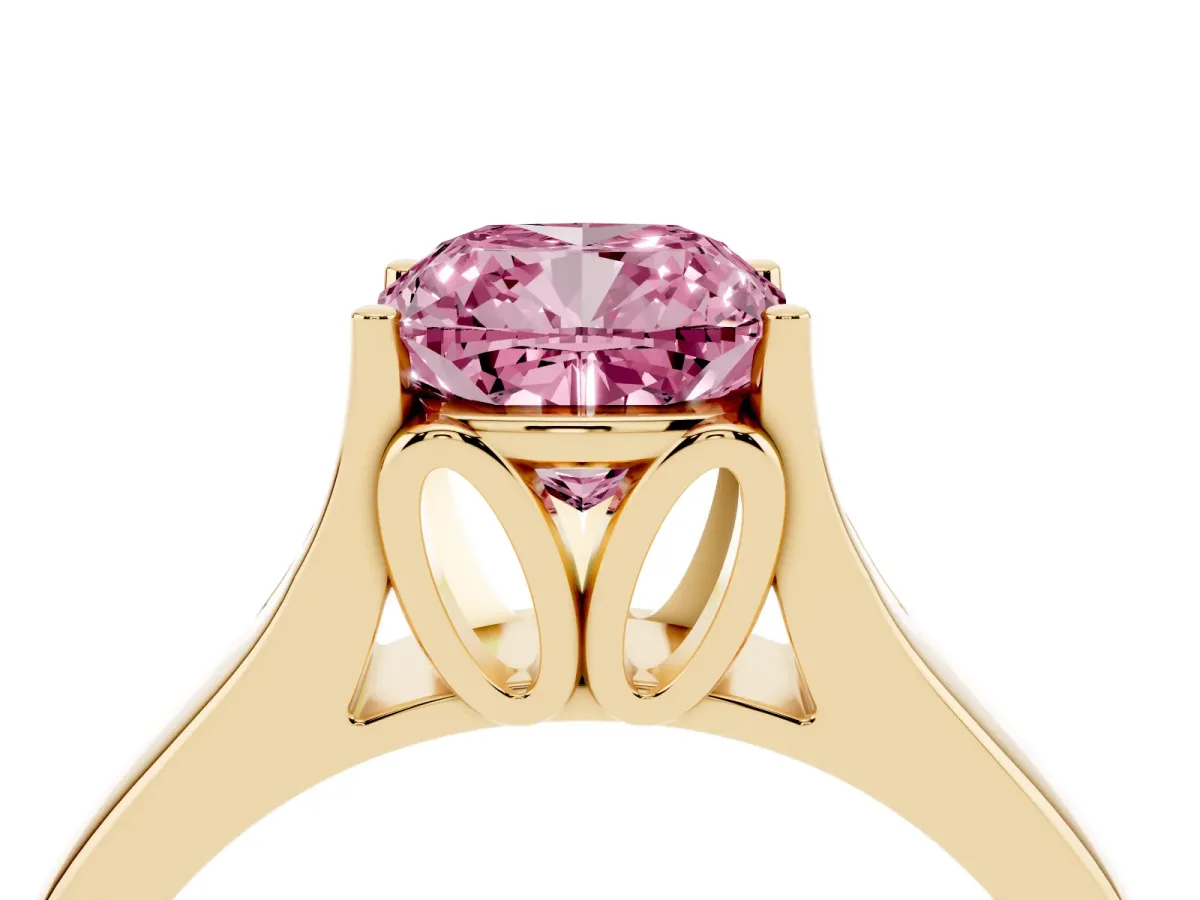 Fancy Pink Cushion Cut Solitaire Diamond Ring with Cathedral Band and Four-Prong Setting Yellow gold