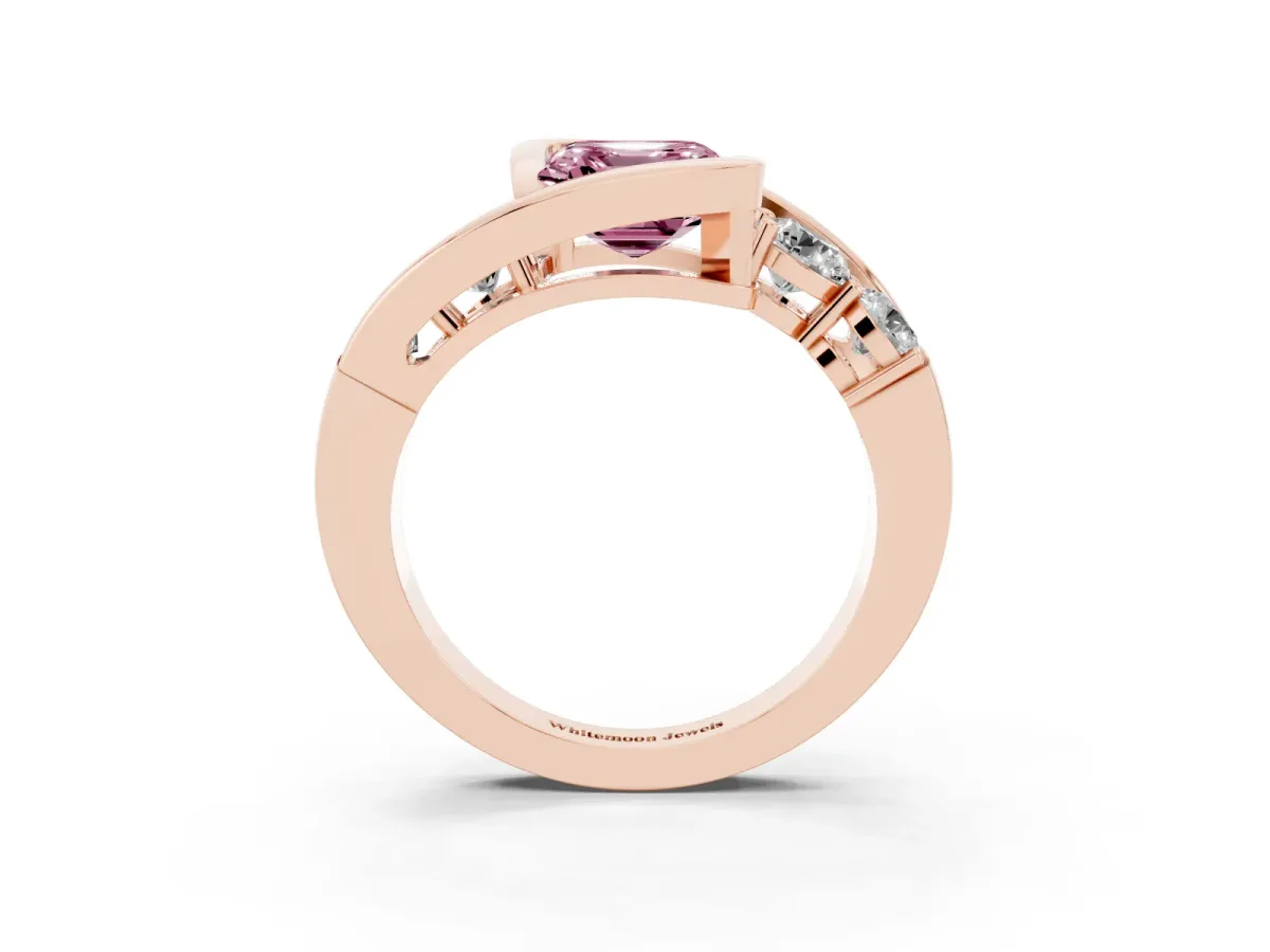 Fancy Pink Bezel Set Asscher Cut Diamond Bypass Ring with Round Accents Rose gold