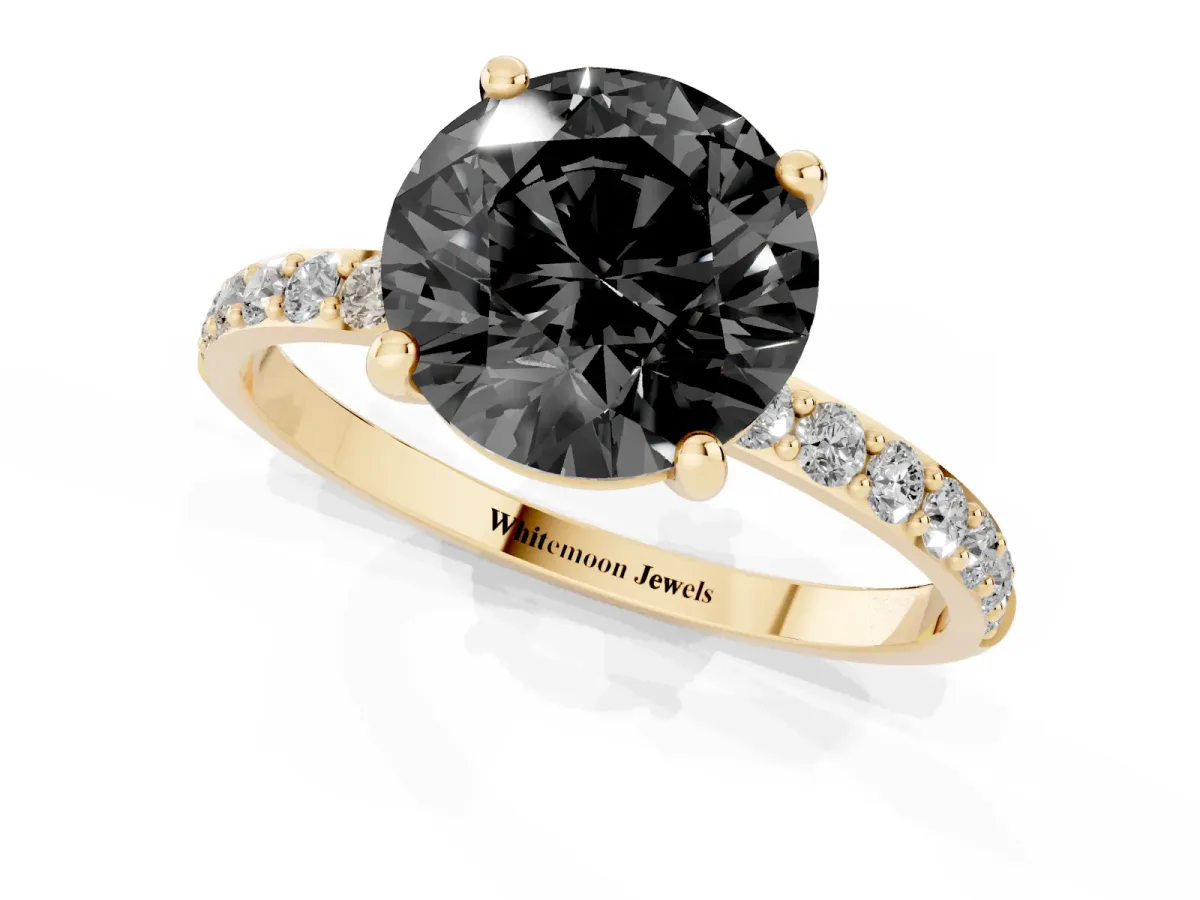 Fancy Black Round Cut Diamond Solitaire Ring with Round Pavé Band and Prong Setting Yellow gold
