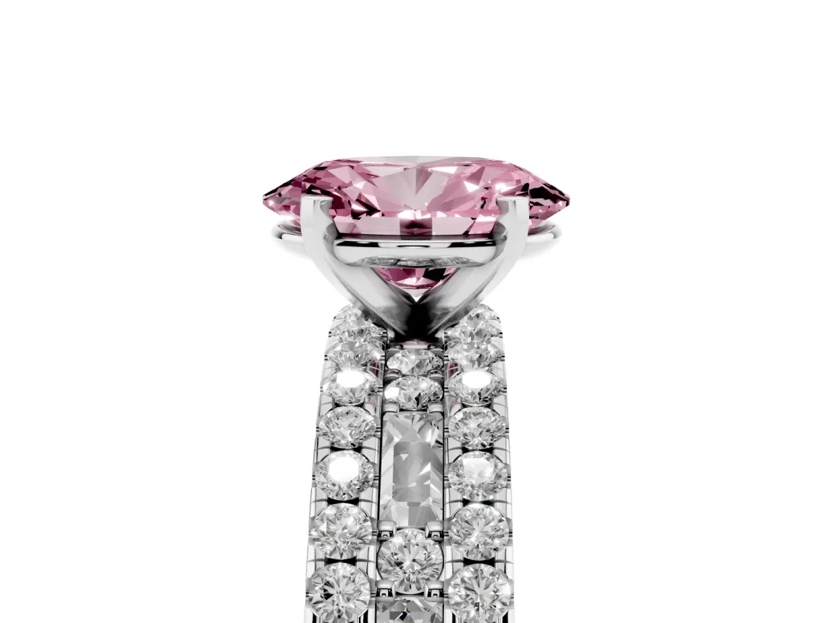 Fancy Pink Oval Cut Diamond Solitaire Ring with Pavé and Channel Set Band Silver