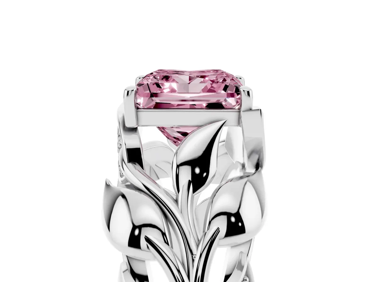 Fancy Pink Princess Cut Diamond Leaf-Inspired Engagement Ring with Round Accents and Prong Setting Platinum