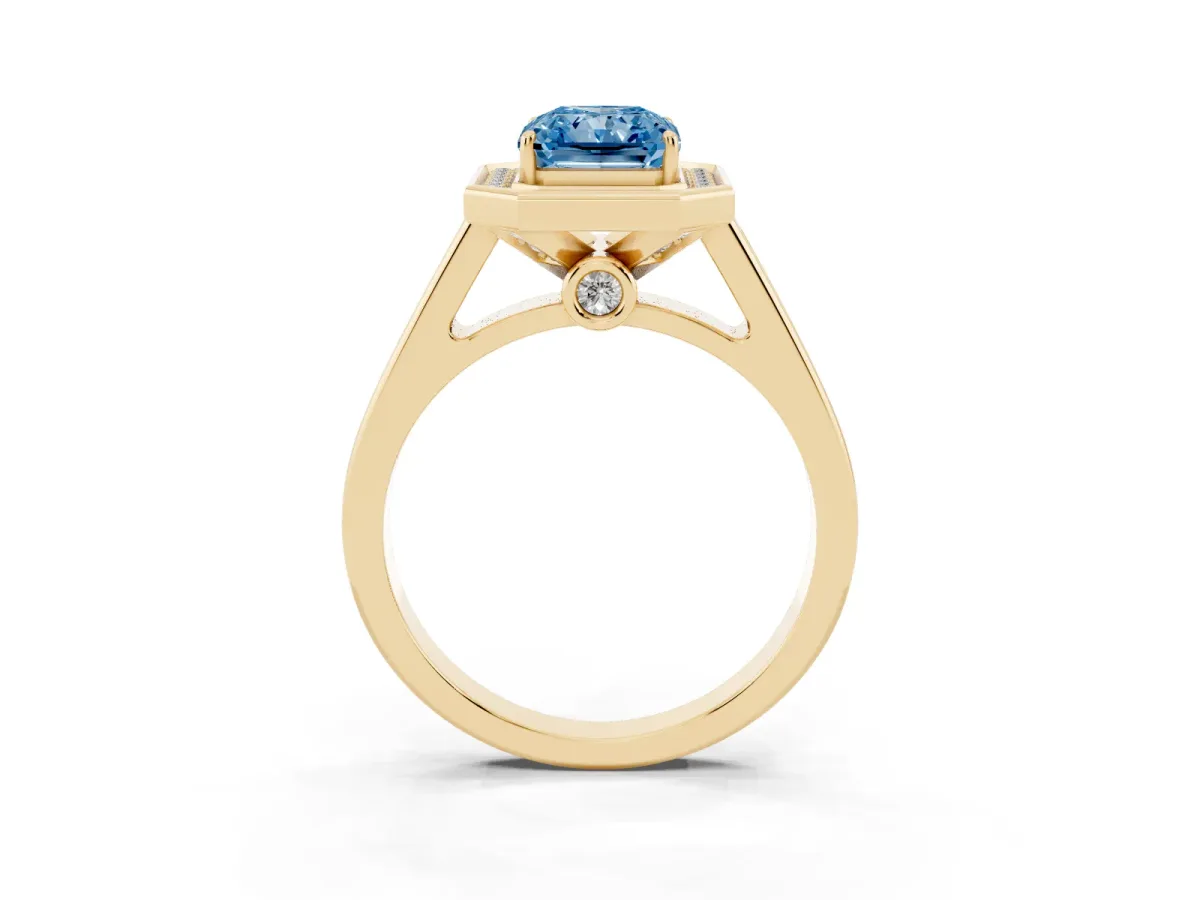 Fancy Blue Emerald Cut Halo Solitaire Diamond Ring with Pave Band and Bezel Setting Yellow gold