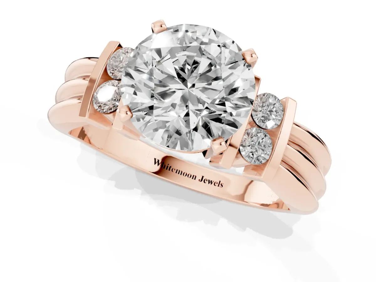 Round Cut Cut Three-Stone Channel Set Ring with Bar Prongs Rose gold