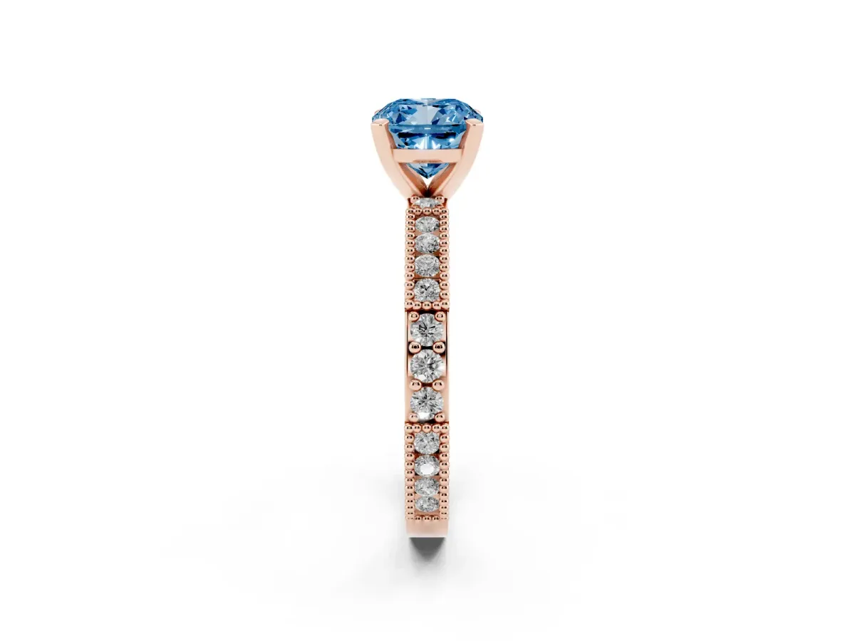 Fancy Blue Cushion Cut Solitaire with Pavé Band and Four-Prong Setting Rose gold