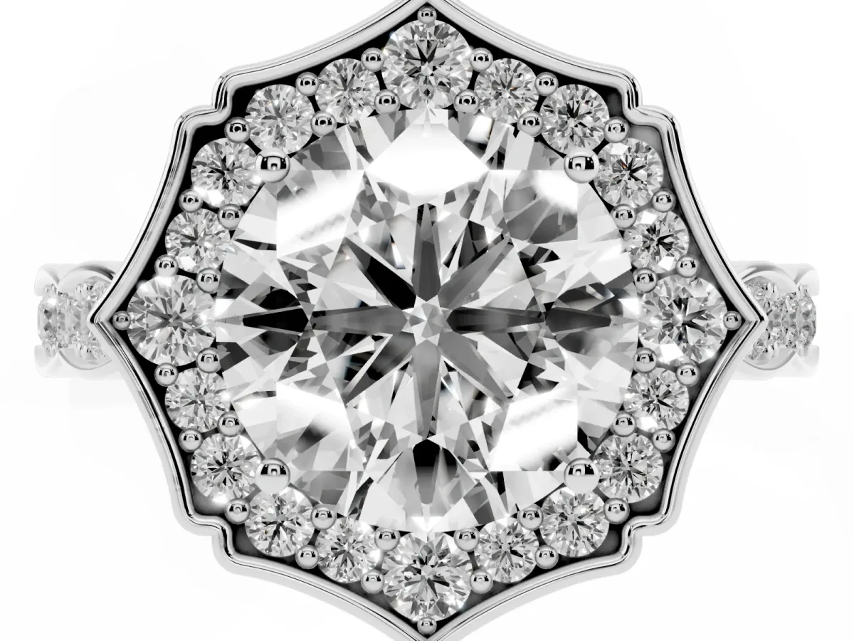Round Cut Halo Diamond Engagement Ring with Milgrain Band and Four-Prong Setting Silver