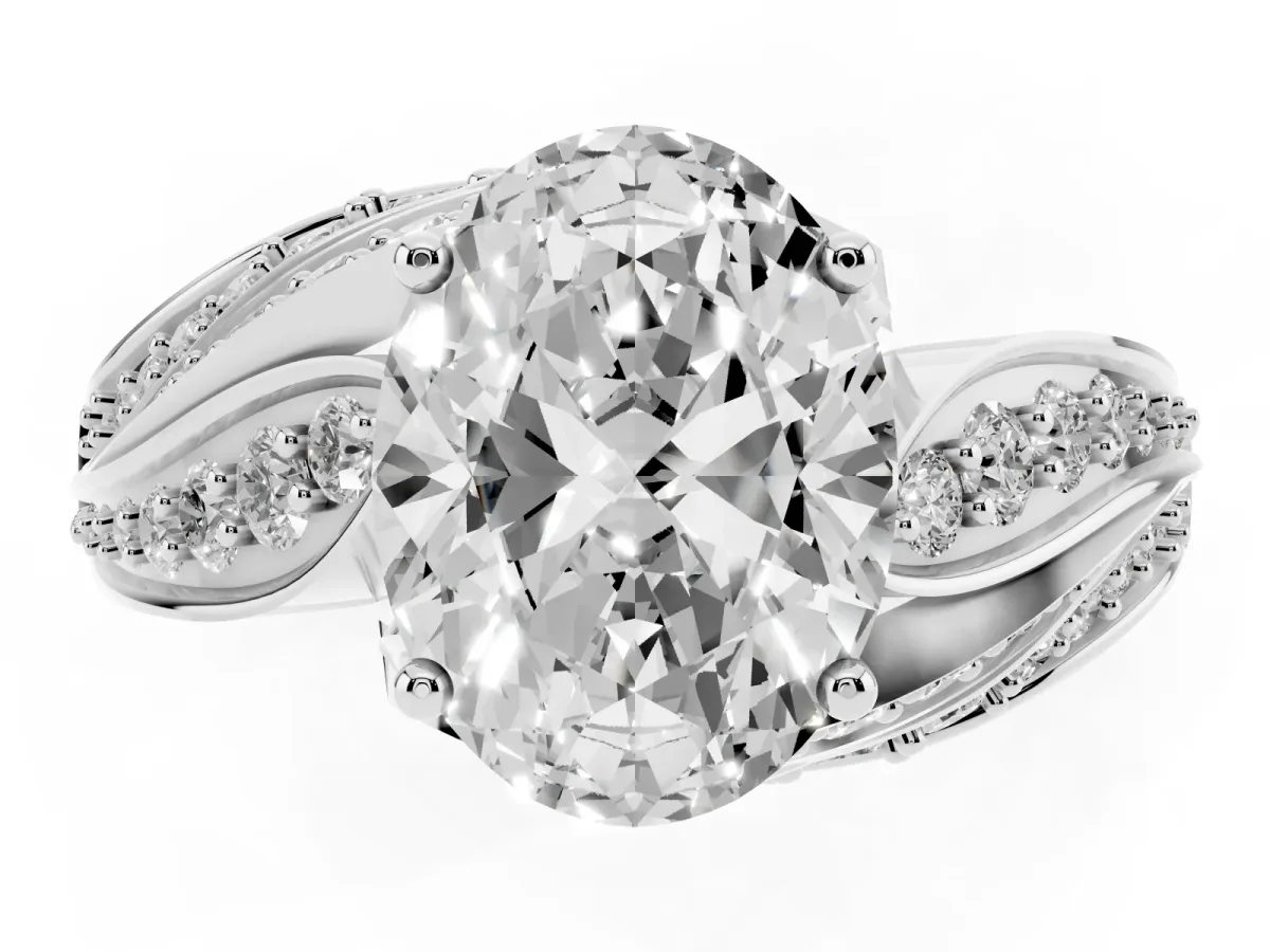 Oval Cut Diamond Solitaire Ring with Prong Setting and Twisted Pavé Band Silver