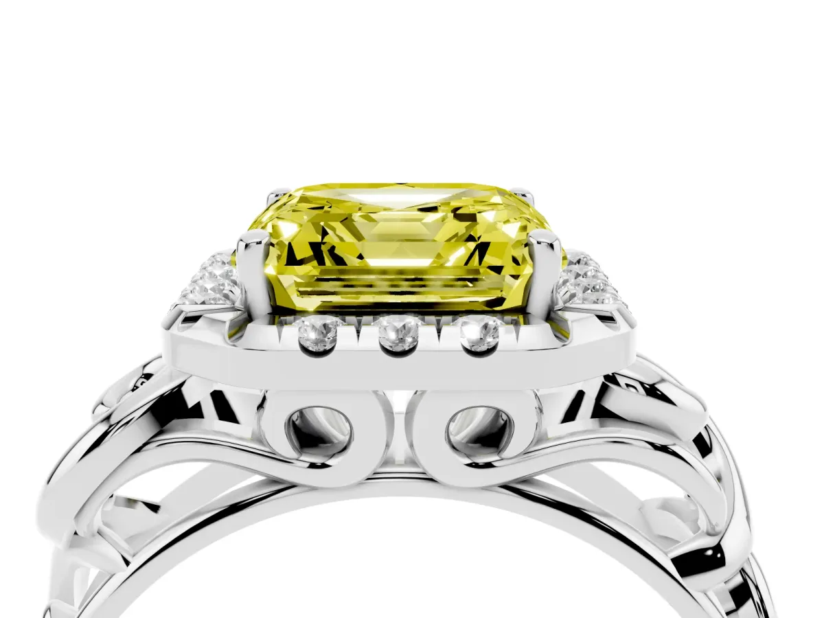 Fancy Yellow Asscher Cut Cut Halo Diamond Ring with Scrollwork Band and Four-Prong Setting Silver