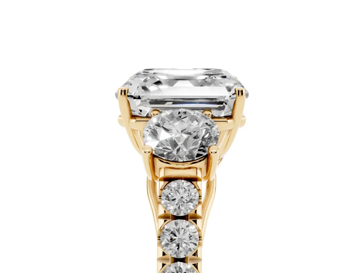 Asscher Cut Cut Diamond Three-Stone Ring with Round Side Stones and Pavé Band Yellow gold