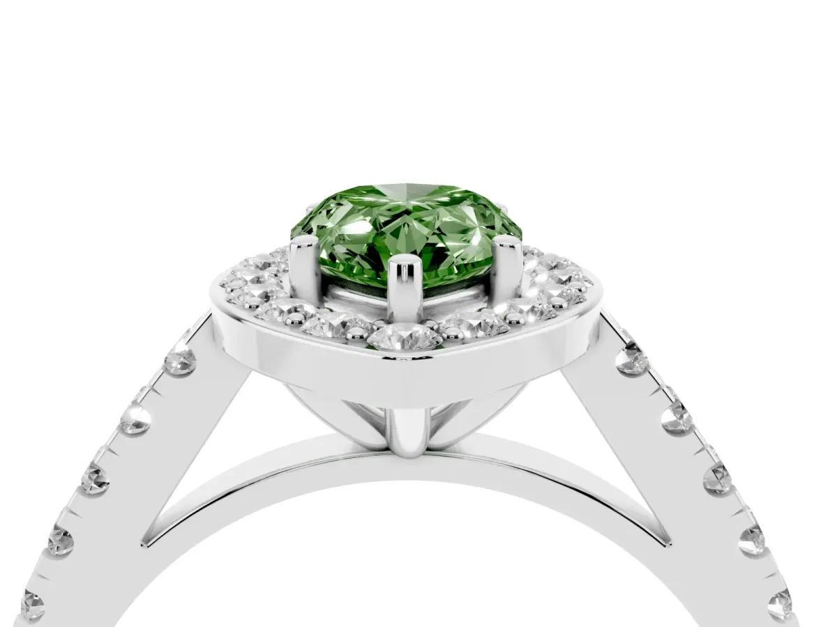 Fancy Green Pear Cut Diamond Halo Ring with Round Pavé Split Shank and Prong Setting Silver