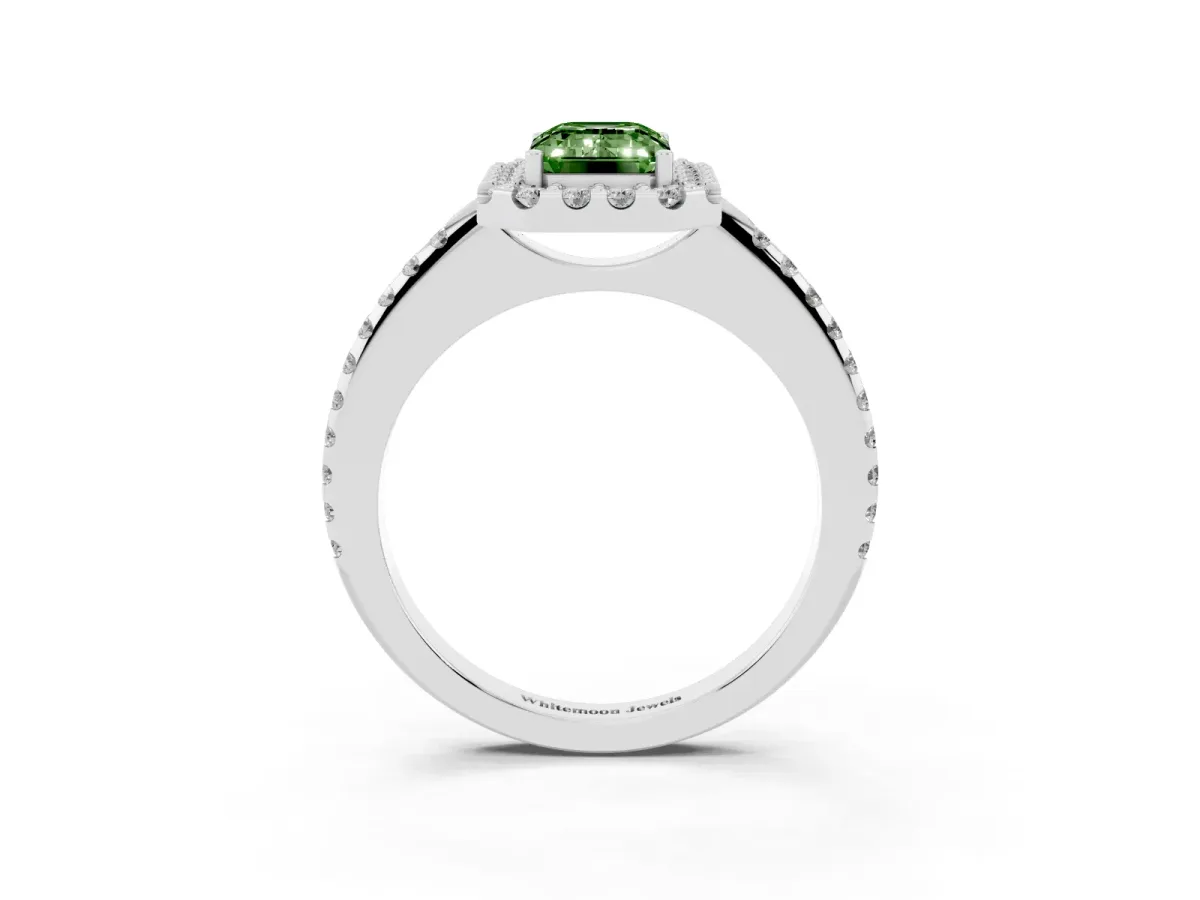 Fancy Green Emerald Cut Diamond Pavé Halo Ring with Four-Prong Setting Silver