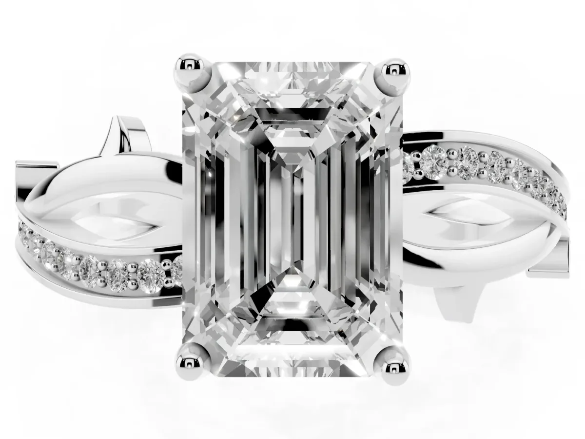 Emerald Cut Solitaire Twist Band with Pavé Accents and Four-Prong Setting Platinum