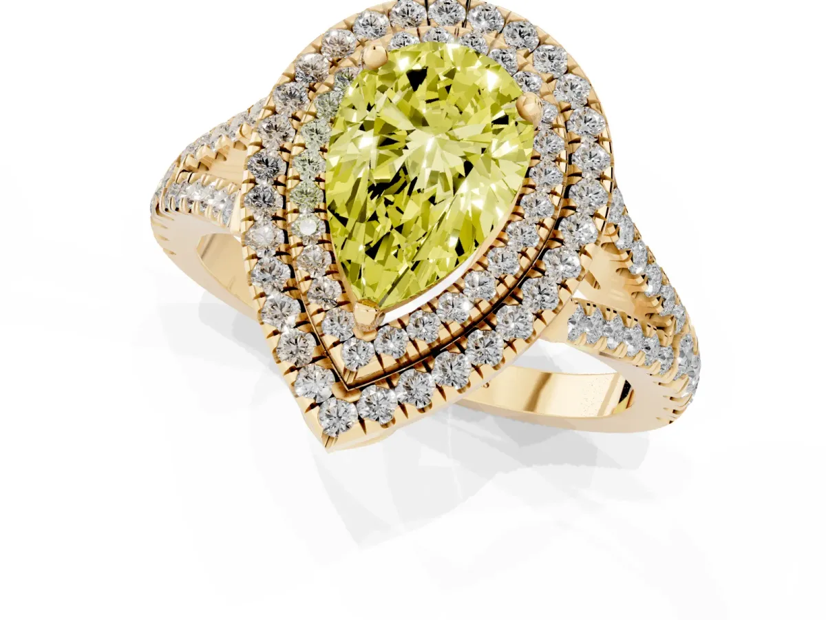 Fancy Yellow Pear Cut Diamond Double Halo Ring with Pavé Band and Prong Setting Yellow gold