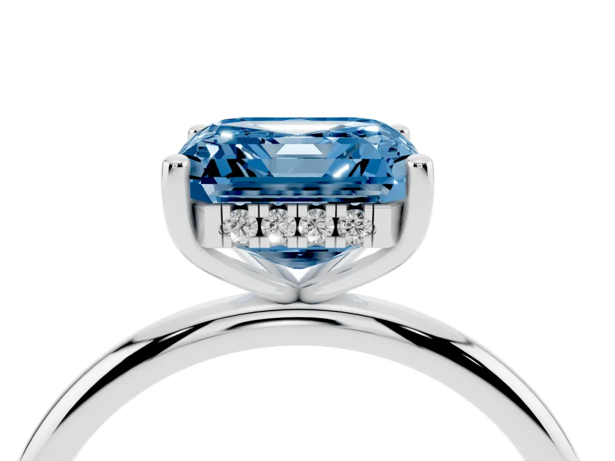 Fancy Blue Asscher Cut Cut Solitaire Engagement Ring with Four-Prong Setting and Classic Band Silver
