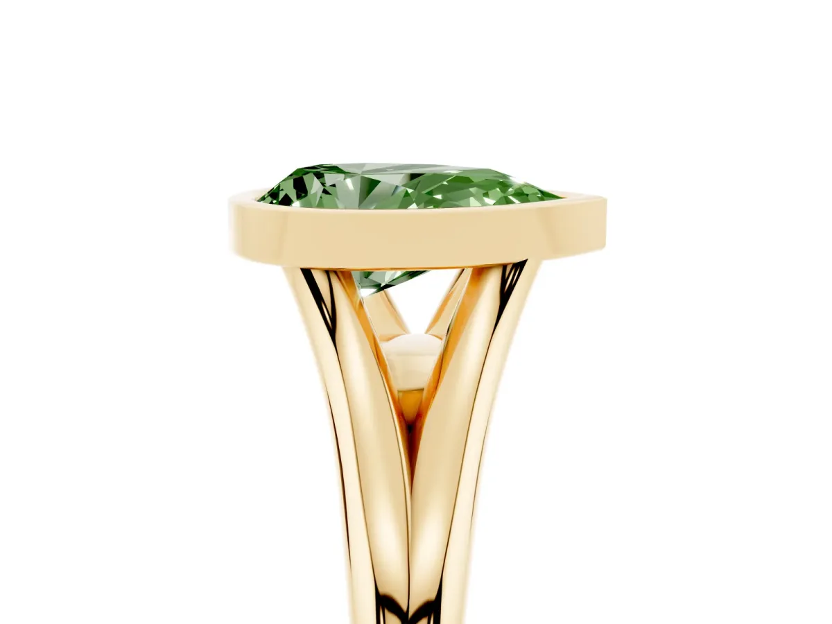Fancy Green Bezel Set Pear Cut Cut Solitaire Ring with Tapered Band Yellow gold