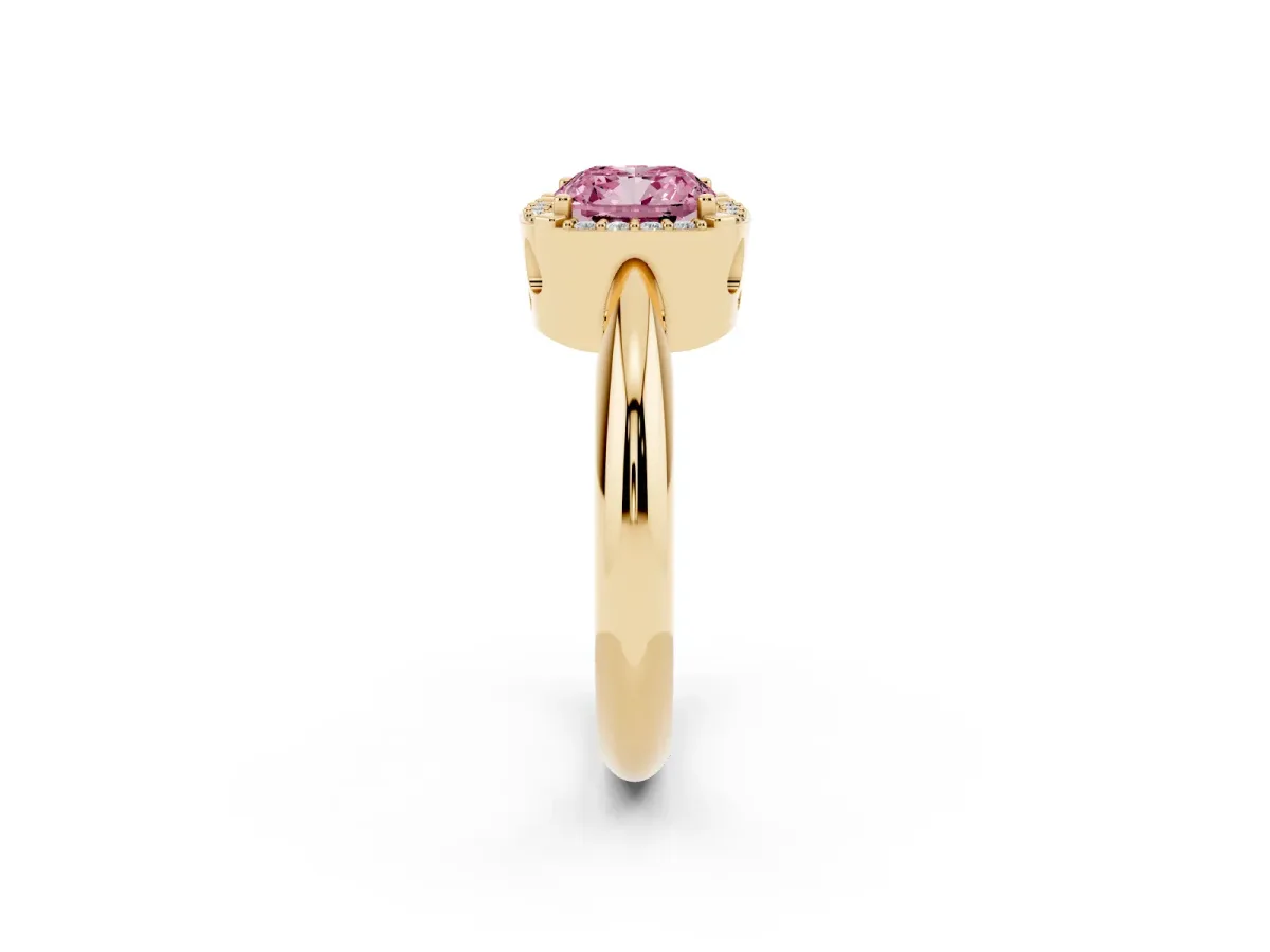 Fancy Pink Cushion Cut Cut Diamond Halo Engagement Ring with Split Shank and Four-Prong Setting Yellow gold