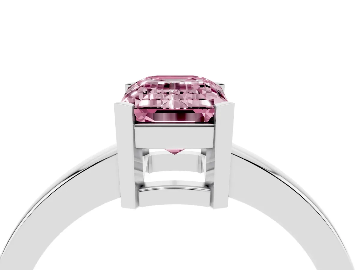 Fancy Pink Emerald Cut Cut Solitaire Ring with Four-Prong Setting and Classic Band Silver
