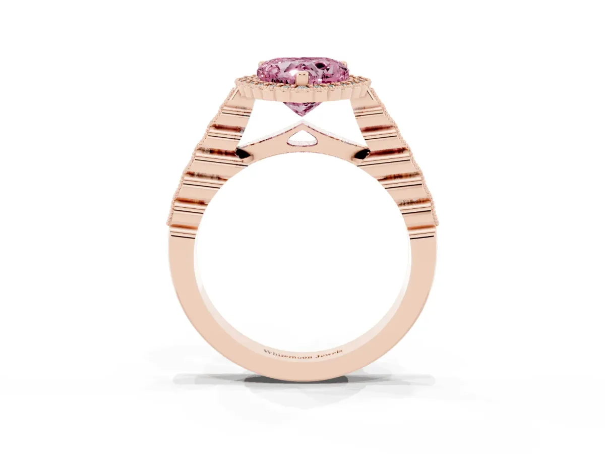 Fancy Pink Heart Cut Cut Halo Pavé Solitaire Ring with Milgrain Band Rose gold