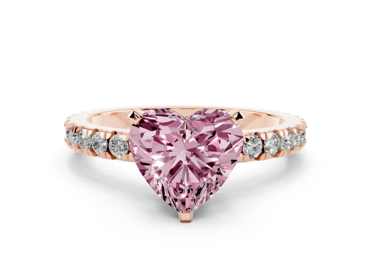 Fancy Pink Heart Cut Diamond Pavé Band Solitaire with Four-Prong Setting Rose gold