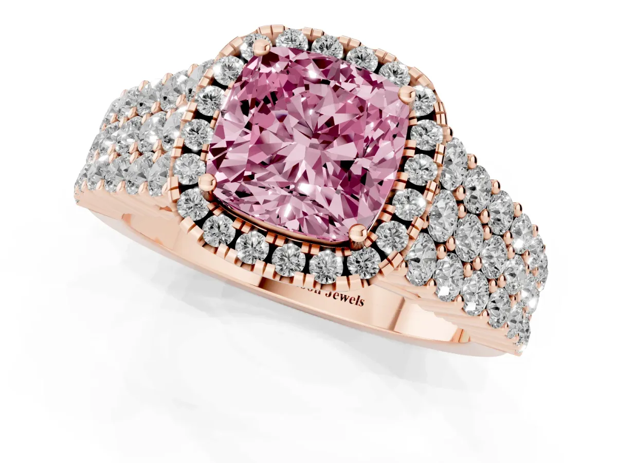 Fancy Pink Cushion Cut Diamond Halo Engagement Ring with Triple Row Round Pavé Band and Prong Setting Rose gold