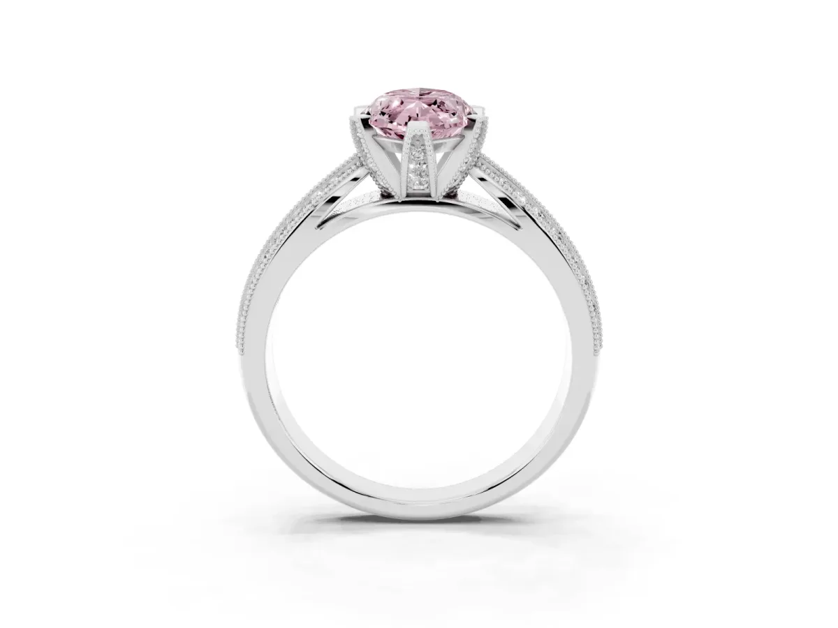 Fancy Pink Marquise Cut Diamond Solitaire Ring with Milgrain Round Pavé Band and Prong Setting Platinum