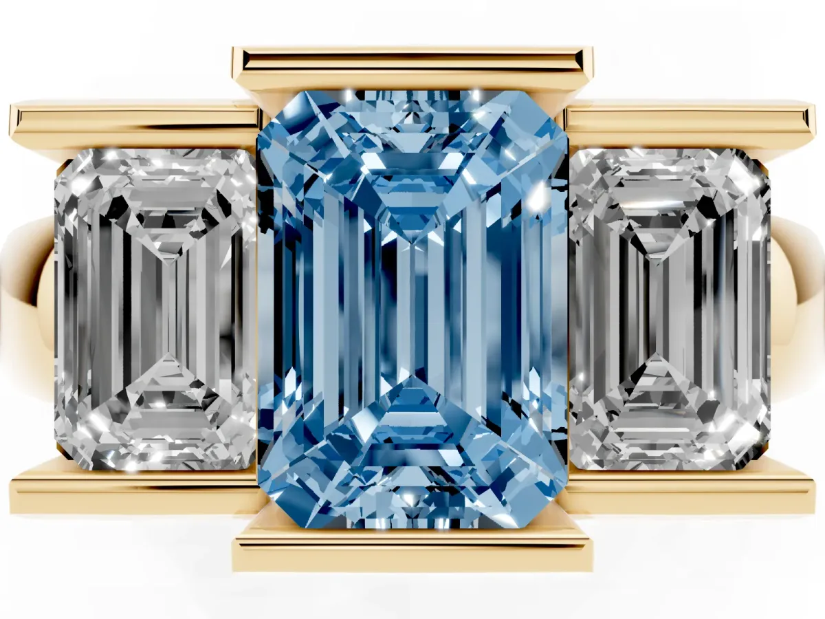Fancy Blue Three Stone Emerald Cut Cut Channel Set Diamond Ring Yellow gold