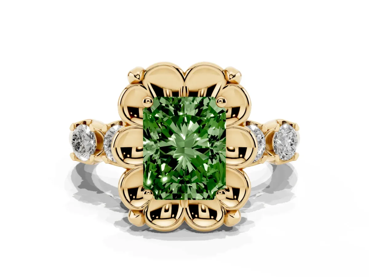 Fancy Green Radiant Cut Cut Diamond Floral Halo Engagement Ring with Shared Prong Setting Yellow gold
