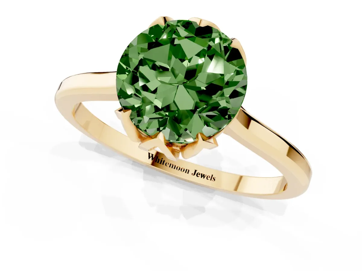 Fancy Green Round Cut Diamond Solitaire Ring with Flower Prong Setting and Classic Band Yellow gold