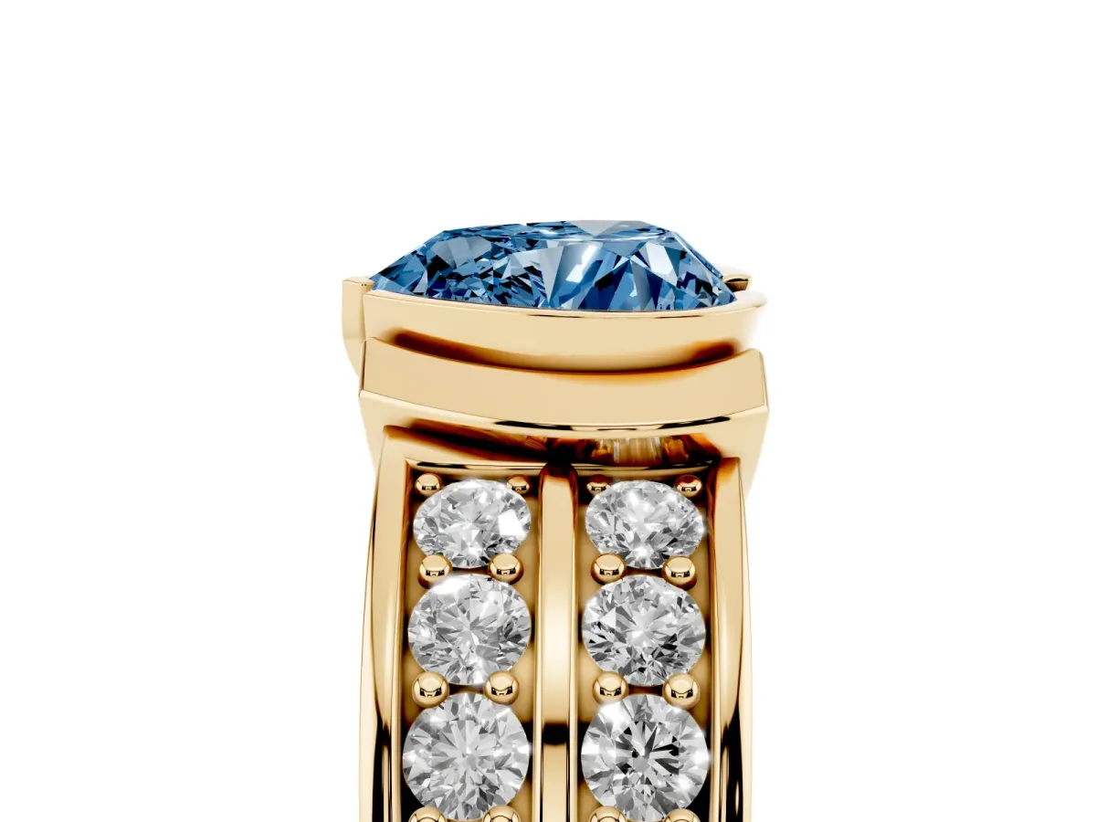 Fancy Blue Heart Cut Brilliant Diamond Channel Set Wide Band Ring with Bezel Setting Yellow gold