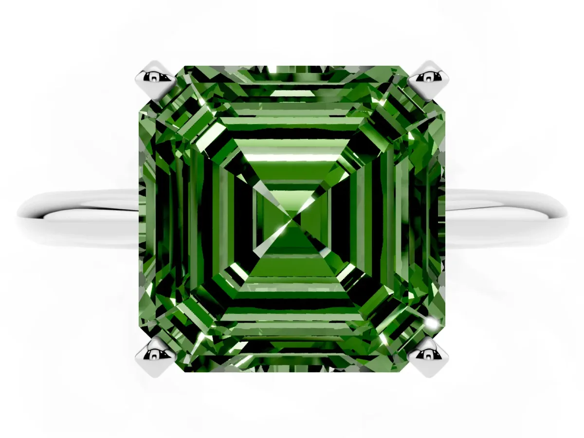 Fancy Green Asscher Cut Cut Solitaire Ring with Four-Prong Setting on a Classic Band Silver