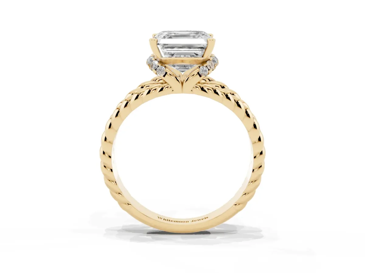 Asscher Cut Halo Twisted Band Four-Prong Ring Yellow gold