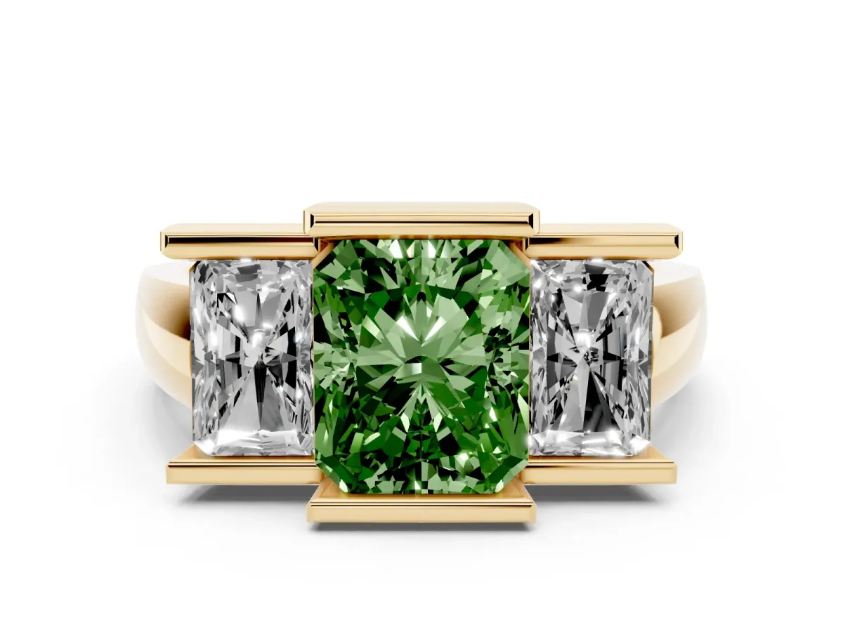 Fancy Green Three Stone Radiant Cut Cut Channel Set Diamond Ring Yellow gold